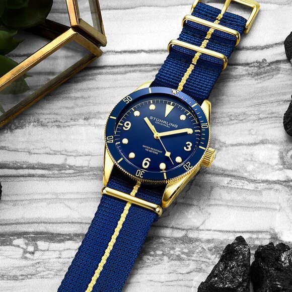 Forti Other - Stuhrling Forti 3958 Men's Quartz Miyota 41mm Nylon Strap Diver Watch In Gold